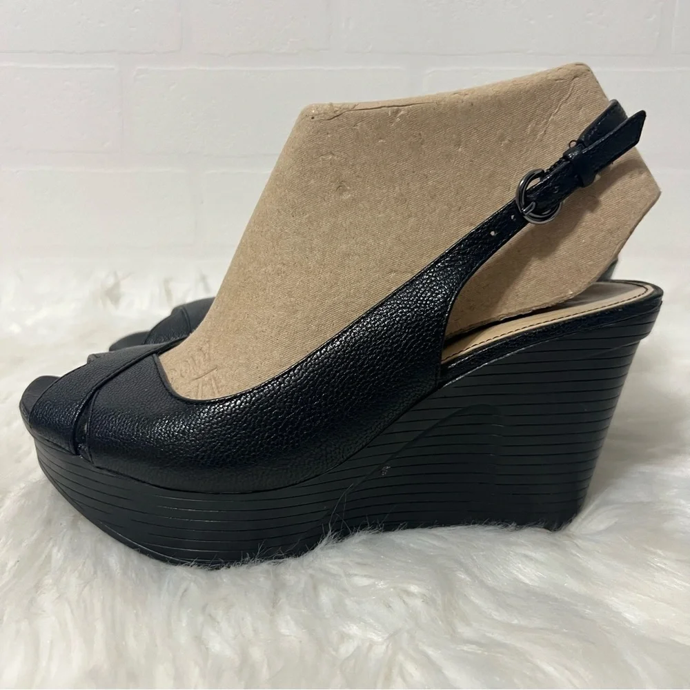 Marc Fisher Black Leather Peep-Toe Slingback Rockabilly Platform Wedges 6.5